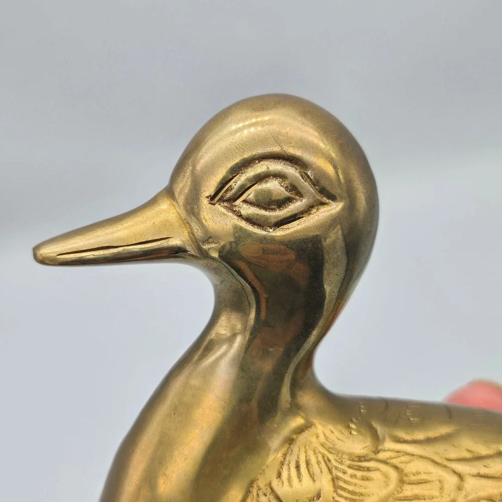 Vintage Solid Brass Duck Figurine Sculpture Detailed Feathers Warm Patina 6.5